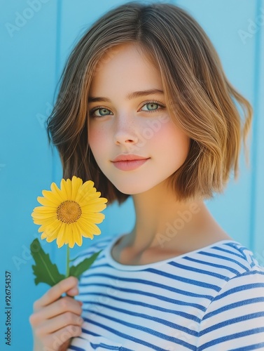 Young girl holding a sunflower by the ocean on a sunny day