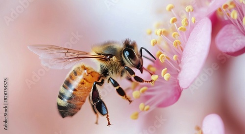Honeybee pollinating a vibrant pink flower in a sunny garden setting