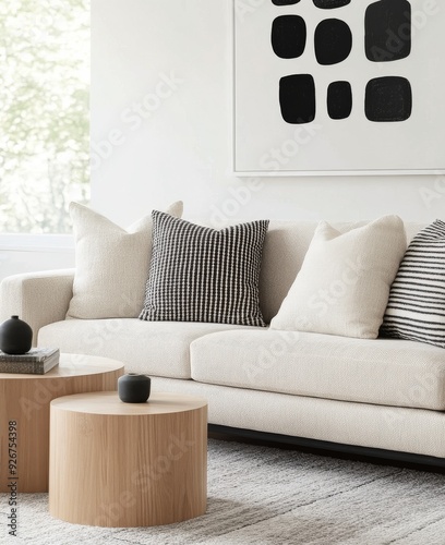 Modern living room with neutral decor and minimalist design in a bright setting
