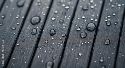 Water droplets on textured wooden surface after rain