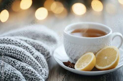 Cozy cup of lemon tea resting on a knitted coaster by soft lights in winter