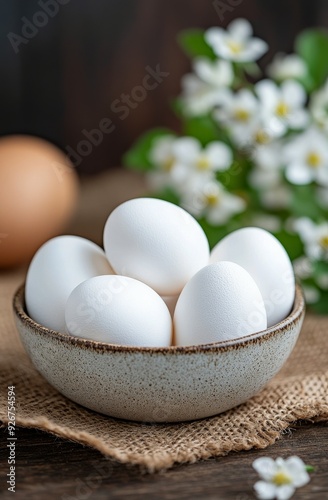 Fresh white eggs in a rustic bowl on burlap fabric