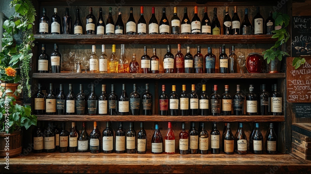 A row of wine bottles on a counter in an upscale restaurant, highlighting quality and uniqueness. A row of wine bottles on a counter in an upscale restaurant, highlighting quality and uniqueness.