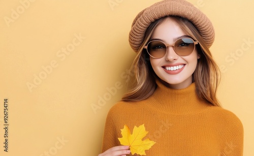 Smiling woman in orange sweater and beret holding a yellow leaf against a bri...