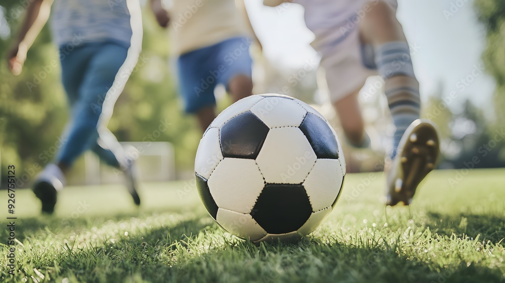 Soccer ball on the field with kids running in the background. Soccer ball on the field with kids running in the background.
