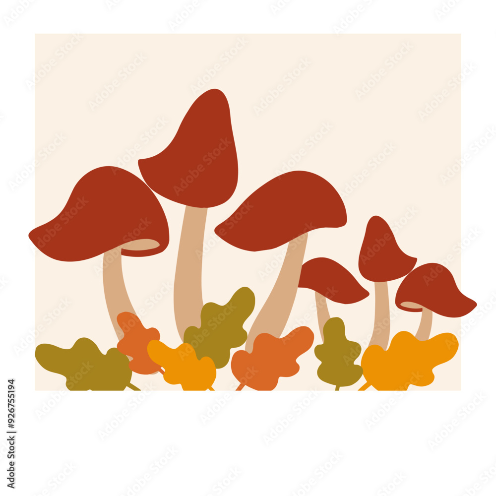 Colorful illustration of mushrooms and autumn leaves on a light background Colorful illustration of mushrooms and autumn leaves on a light background