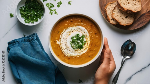 Mulligatawny Soup on white marble tabletop, some additional decoration, flat lay, top down view, copy space, photo, cinematic photo