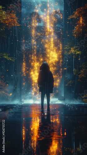 The silhouette of a hooded figure standing in front of a magical portal of fiery lights and reflections during a rainy night in a mystical forestsilhouette photo