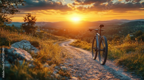 Wallpaper Mural Silhouette of a cyclist riding on a gravel path during a beautiful sunset, surrounded by nature, glowing orange sky, solitude, and adventure, peaceful evening outdoor activity Torontodigital.ca