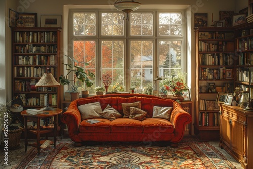 Cozy living room interior with a vintage red sofa, wooden bookshelves, and a picturesque view through large windows with lush autumn foliage outsideVintage living room photo