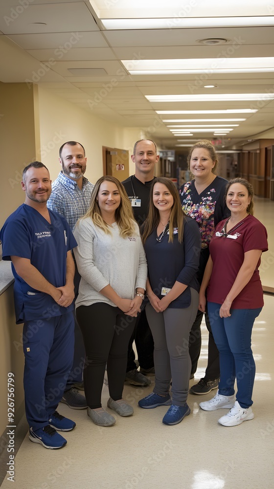 Fototapeta premium A group of healthcare professionals stand together in a hallway, smiling at the camera.