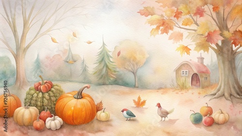 Serene autumn landscape with pumpkins, a candle, and a pheasant, symbolizing the bountiful harvest and warmth of the season. Watercolor illustration perfect for Thanksgiving, fall, and seasonal celebr photo