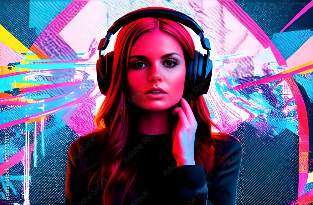 Fototapeta premium Beautiful girl in headphones creative poster. Music sound concept background. Young woman listens to music. Digital raster illustration for poster, music album cover, promotion