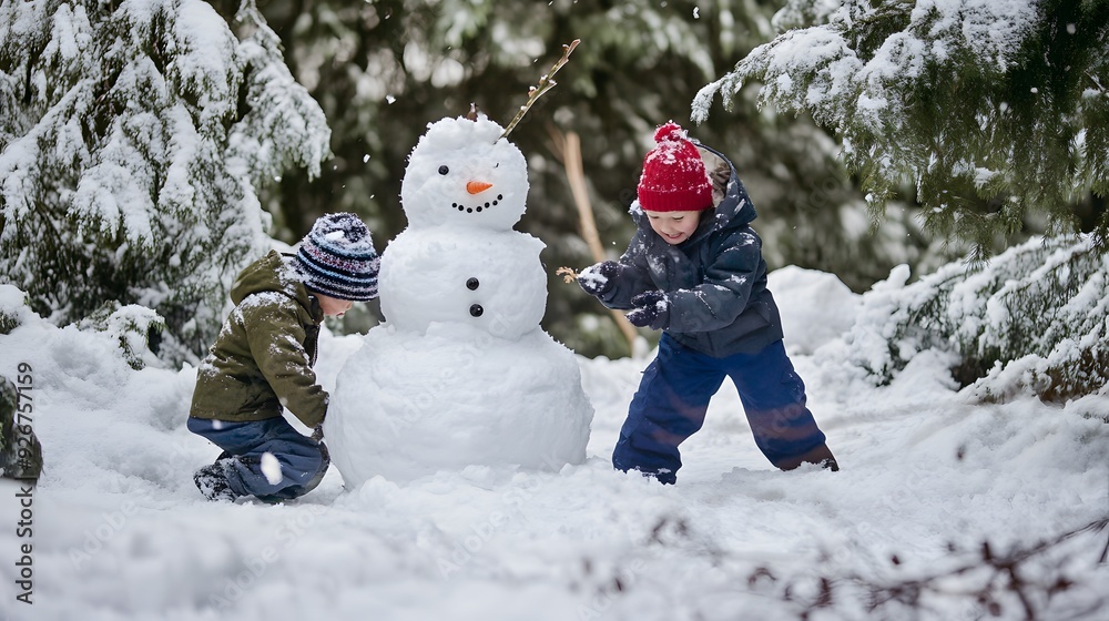 Two young boys build a snowman in a snowy forest.