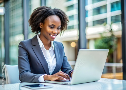 Close-up of black businesswoman working on laptop.