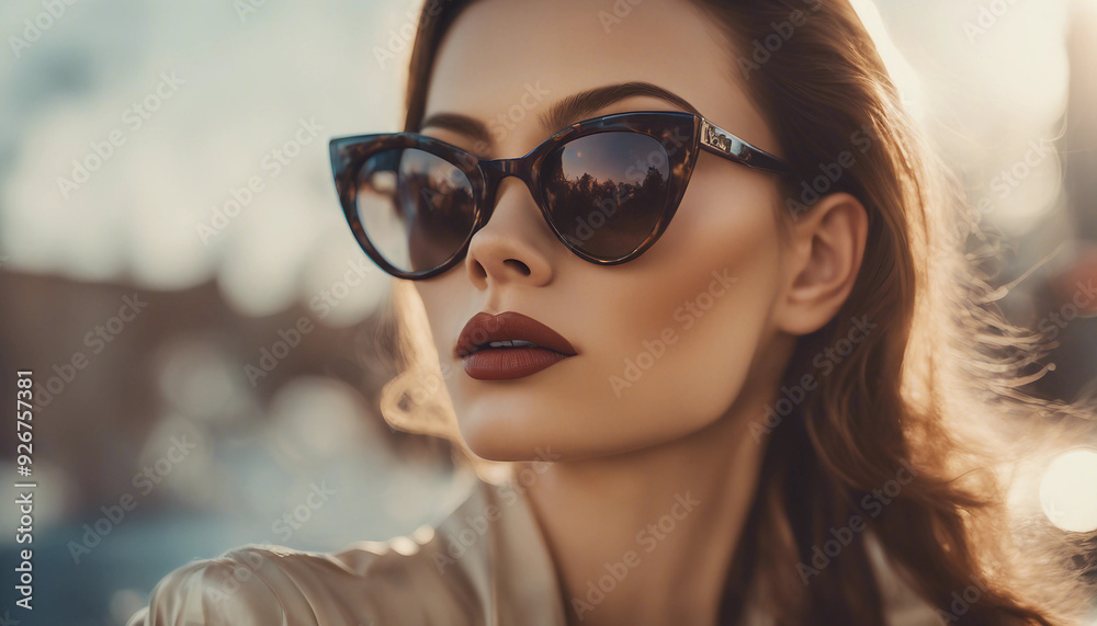 A close-up of a woman with flawless skin, wearing vintage-inspired cat-eye sunglasses A close-up of a woman with flawless skin, wearing vintage-inspired cat-eye sunglasses