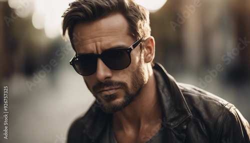A close-up of a ruggedly handsome man with stubble and strong jawline, wearing square