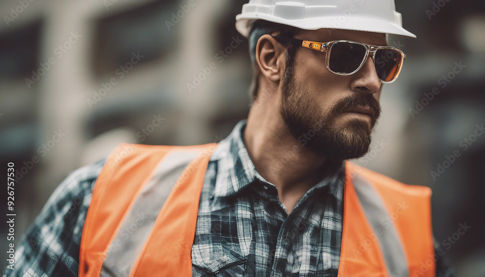 A construction workers torso, clad in a bright, reflective safety vest over a rugged flannel A construction workers torso, clad in a bright, reflective safety vest over a rugged flannel