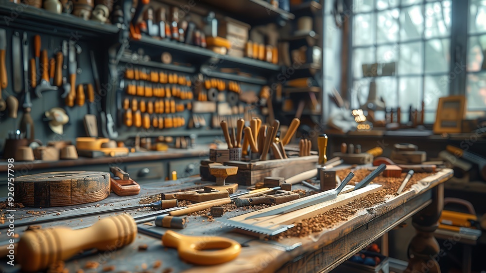 Cozy Sunlit Woodworking Workshop Filled with an Array of Hand Tools and Woodworking Equipment on a Wooden Workbench Surrounded by Shelvesworkshop Cozy Sunlit Woodworking Workshop Filled with an Array of Hand Tools and Woodworking Equipment on a Wooden Workbench Surrounded by Shelvesworkshop