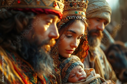 Close-up of a serene family dressed in elaborately decorated traditional attire with ornate headpieces, focusing on the peaceful sleeping babyRoyalty