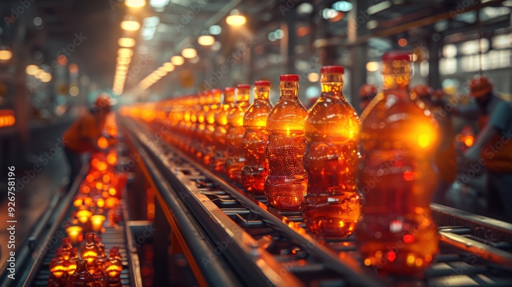 Conveyor Belt of Bottles Filled with Glowing Liquid in Industrial Factory with Workers in Orange Lighting and a Depth of Field Effectconveyor belt Conveyor Belt of Bottles Filled with Glowing Liquid in Industrial Factory with Workers in Orange Lighting and a Depth of Field Effectconveyor belt