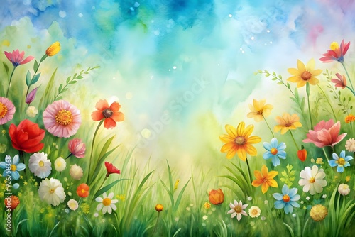 Sunny spring floral meadow with different wild flowers in green grass 