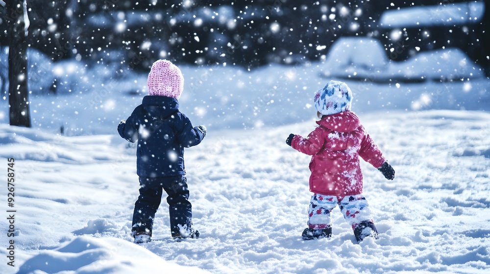 Two kids in winter gear walk through the snow. Two kids in winter gear walk through the snow.