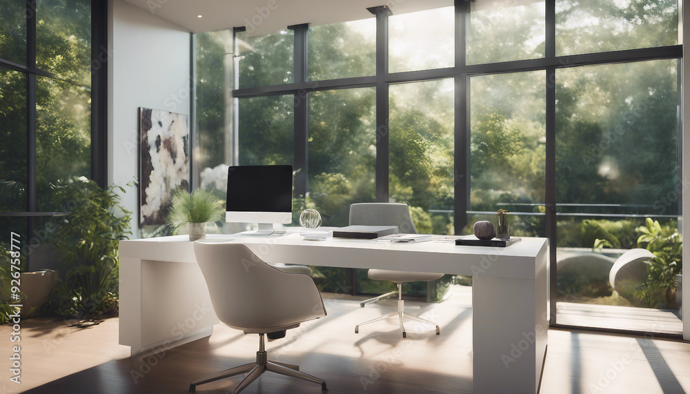 A modern home office with glass walls that overlook a lush garden. The space features a sleek A modern home office with glass walls that overlook a lush garden. The space features a sleek
