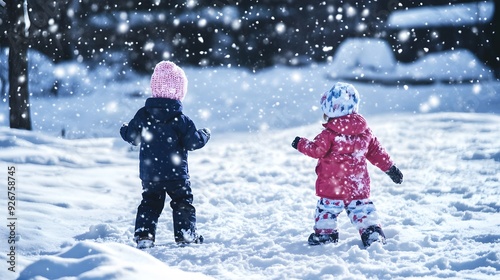 Two kids in winter gear walk through the snow. photo