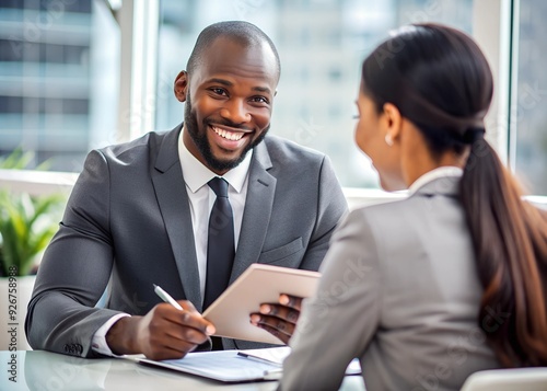 Black smiling insurance agent going through terms of the agreement with her client.