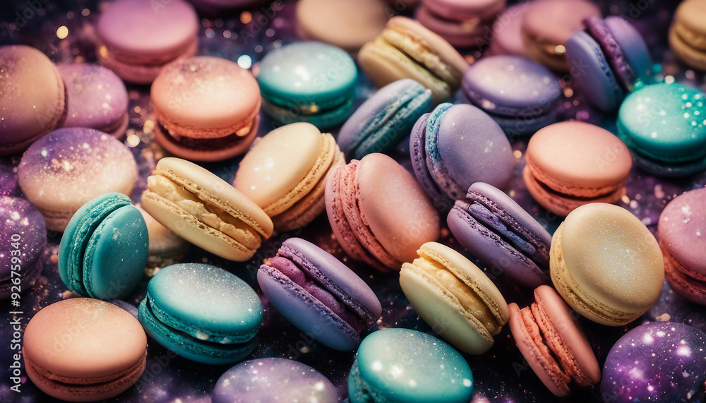 A plate of delicate macarons, each with a shimmering galaxy design on the surface A plate of delicate macarons, each with a shimmering galaxy design on the surface