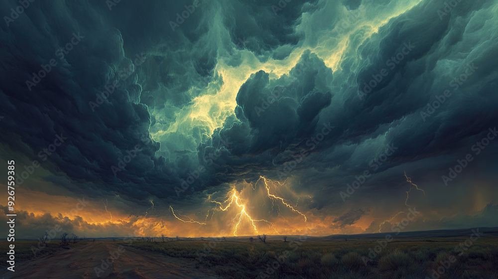 Fototapeta premium A dramatic thunderstorm over the Great Plains, with lightning striking in multiple places and dark clouds gathering above. The scene captures the intense weather conditions, showcasing the natural cha