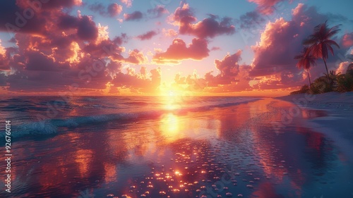 Vibrant Tropical Sunset Over a Tranquil Beach with Palm Trees and Reflective Ocean Waves Illuminating the Sky with Colorful Cloudssunset photo