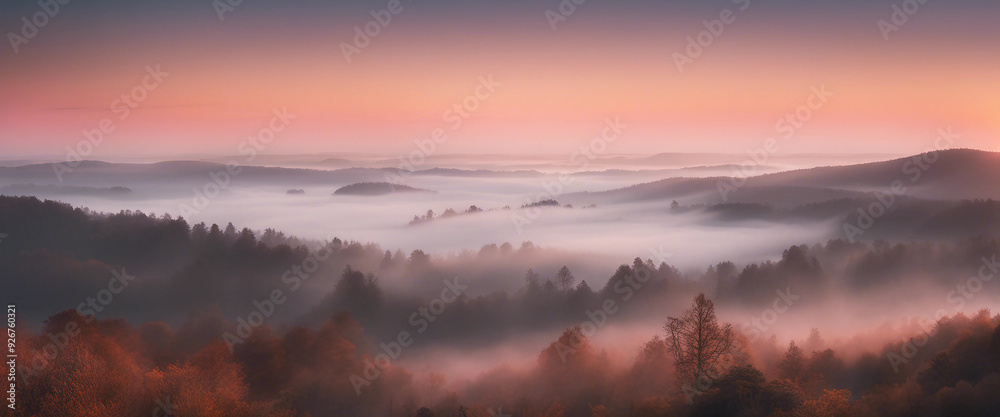A stunning sunrise above a fog-filled valley, with only the tops of trees and distant hills visible