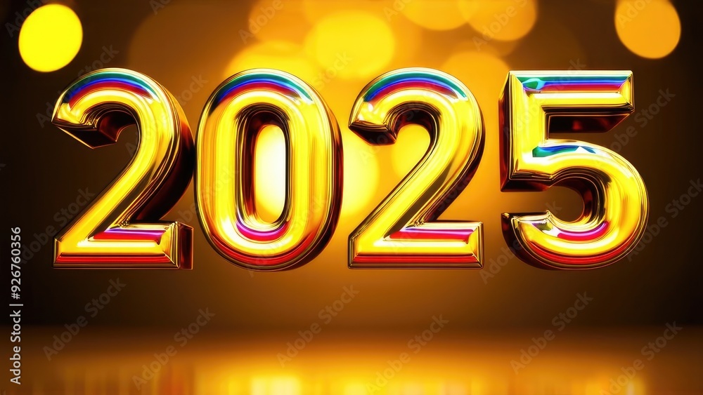 Numbers of year 2025 made by gold metall on bokeh festive sparkling background. celebrating New Year holiday, close-up. Space for text.