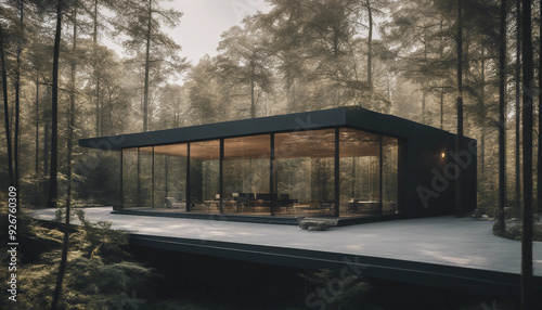 A stunning glass pavilion-style house nestled within a dense forest. The exterior walls are made