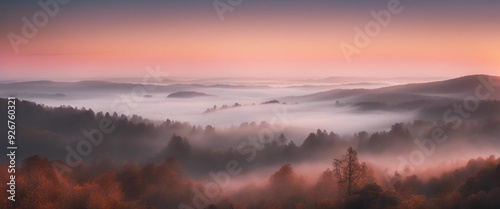 A stunning sunrise above a fog-filled valley, with only the tops of trees and distant hills visible