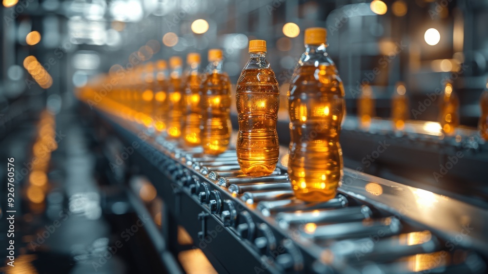 Close-Up of Sparkling Beverage Bottles Moving on Conveyor Belt in Modern Automated Factory with Blurred Background Lightsassembly line Close-Up of Sparkling Beverage Bottles Moving on Conveyor Belt in Modern Automated Factory with Blurred Background Lightsassembly line