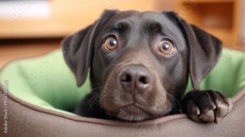 A black dog laying in a bed with its head sticking out, AI