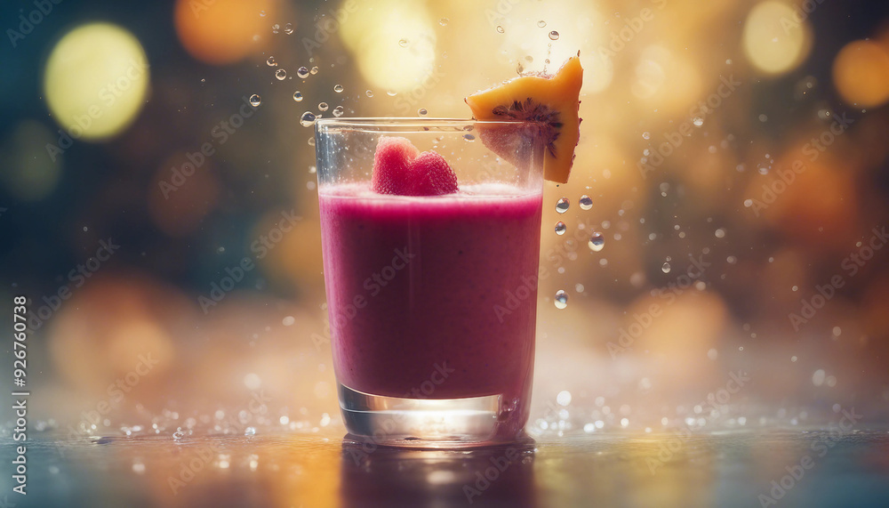 A thick, vibrant smoothie made from exotic alien fruits, served in a floating glass that hovers A thick, vibrant smoothie made from exotic alien fruits, served in a floating glass that hovers