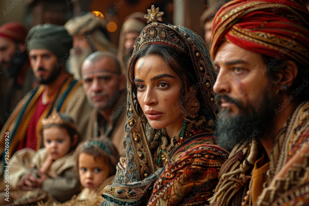 Group of Diverse People in Traditional Vibrant Attire with a Focus on a Woman and a Man, Indicating Cultural Heritage and Rich Historical Background, Gathering in a Warm-lit SettingGroup Group of Diverse People in Traditional Vibrant Attire with a Focus on a Woman and a Man, Indicating Cultural Heritage and Rich Historical Background, Gathering in a Warm-lit SettingGroup