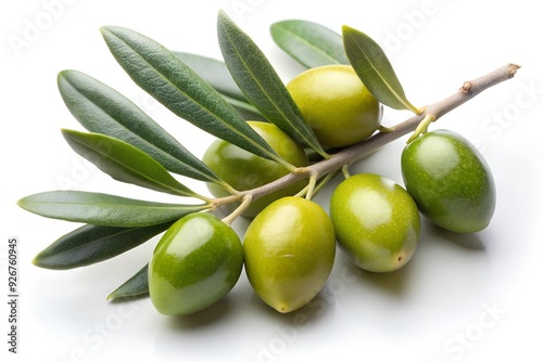 Olive branch with green olives, isolated on white background