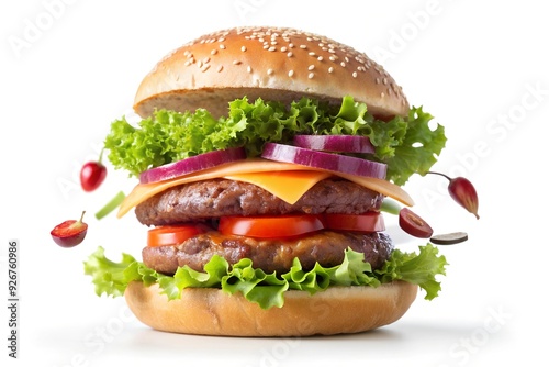 Delicious burger with floating ingredients, isolated on white background