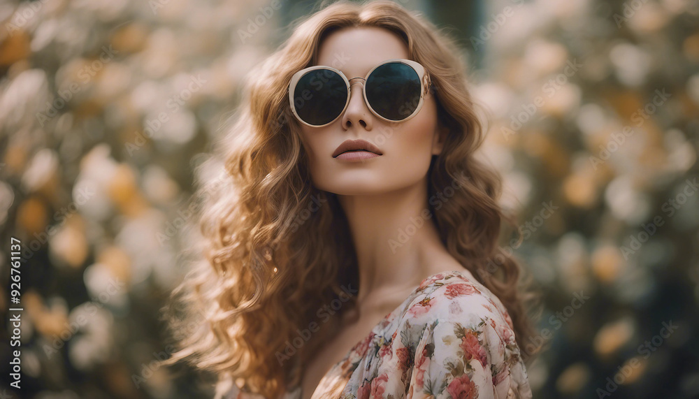 A woman in a flowing floral dress, paired with large, round sunglasses. Her hair is loose and wavy A woman in a flowing floral dress, paired with large, round sunglasses. Her hair is loose and wavy