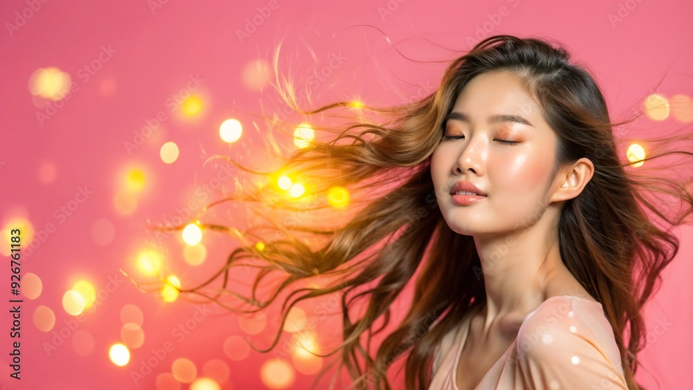 Vibrant Asian woman with wavy hair in front of bokeh lights and pink background Vibrant Asian woman with wavy hair in front of bokeh lights and pink background