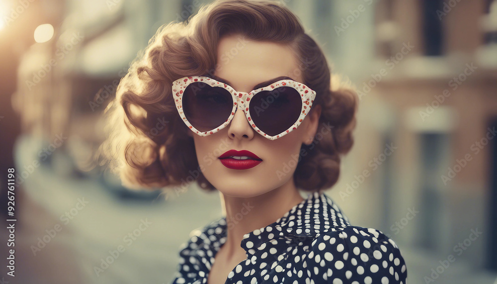 A woman wearing a polka dot blouse with puffed sleeves, paired with retro, heart-shaped sunglasses A woman wearing a polka dot blouse with puffed sleeves, paired with retro, heart-shaped sunglasses