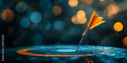 Dart's arrow precisely hitting the center target against a blue and orange bokeh background, symbolizing business success with soft shadows, clean focus, and professional color grading photo