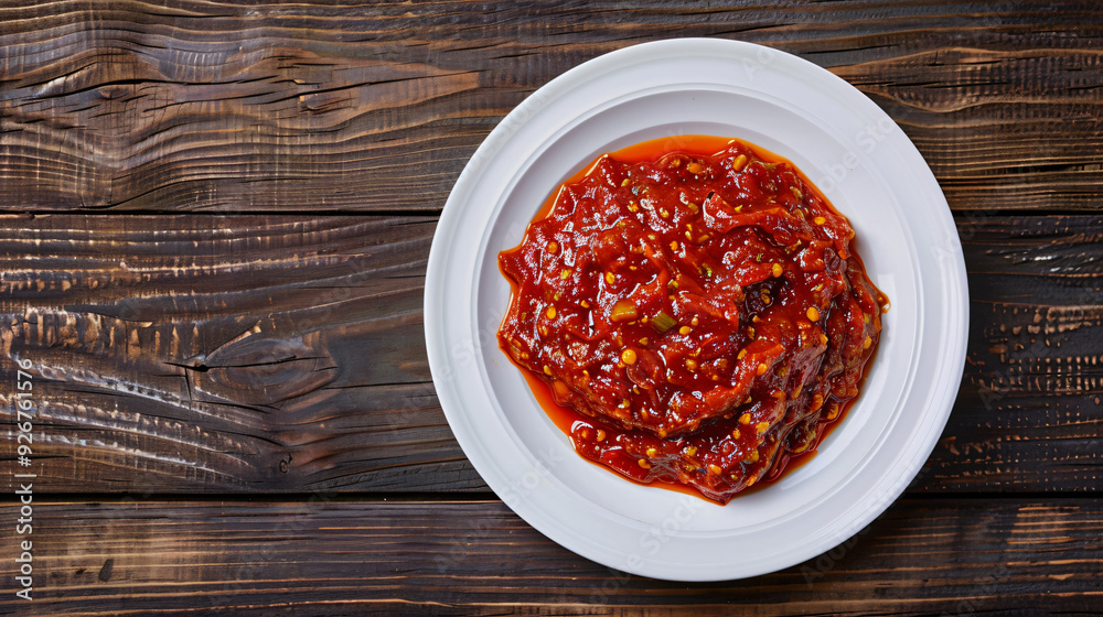 White plate presenting delicious homemade red pepper relish on rustic wooden table, top view White plate presenting delicious homemade red pepper relish on rustic wooden table, top view