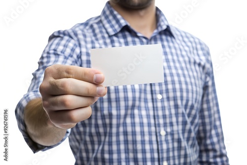 flyer, isolated on white backgroundMale hand holding a blank card or a ticket photo