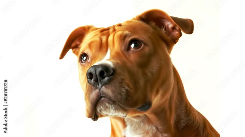 American Staffordshire Terrier Gazes Upwards: Close-Up Portrait Showcasing Strength, Loyalty, and Gentle Nature. American Staffordshire Terrier Gazes Upwards: Close-Up Portrait Showcasing Strength, Loyalty, and Gentle Nature.